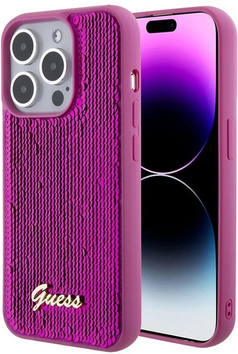 GUESS Sequins Script Logo Case Magenta - iPhone 15 Pro