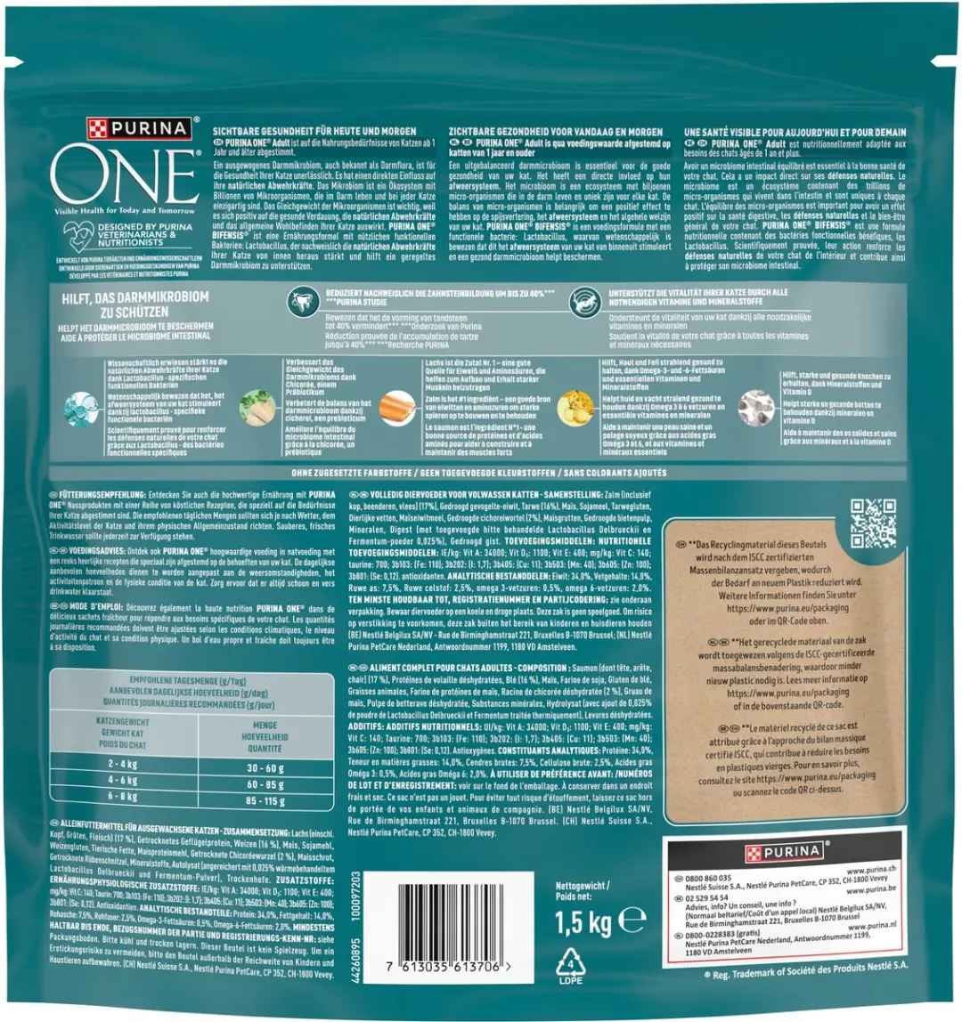 Purina ONE Adult Kattenbrokjes Zalm & Volkoren 4x1,5kg