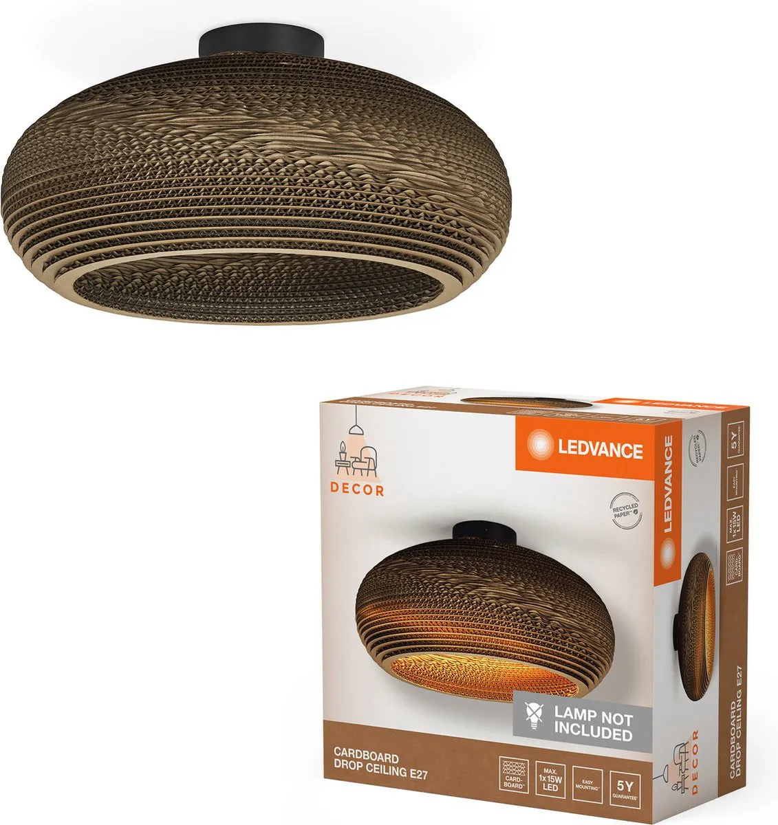 LEDVANCE Decor Cardboard Drop Plafondlamp E27 - 400mm Bruin - afbeelding 3 van 6