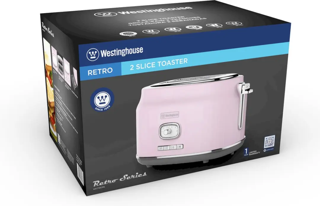 Westinghouse Retro Waterkoker 1,7L + Broodrooster 2 Sneden - Roze