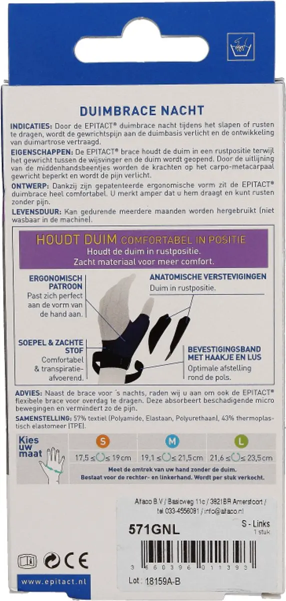 Epitact Duimorthese Nacht Links S - Blauw