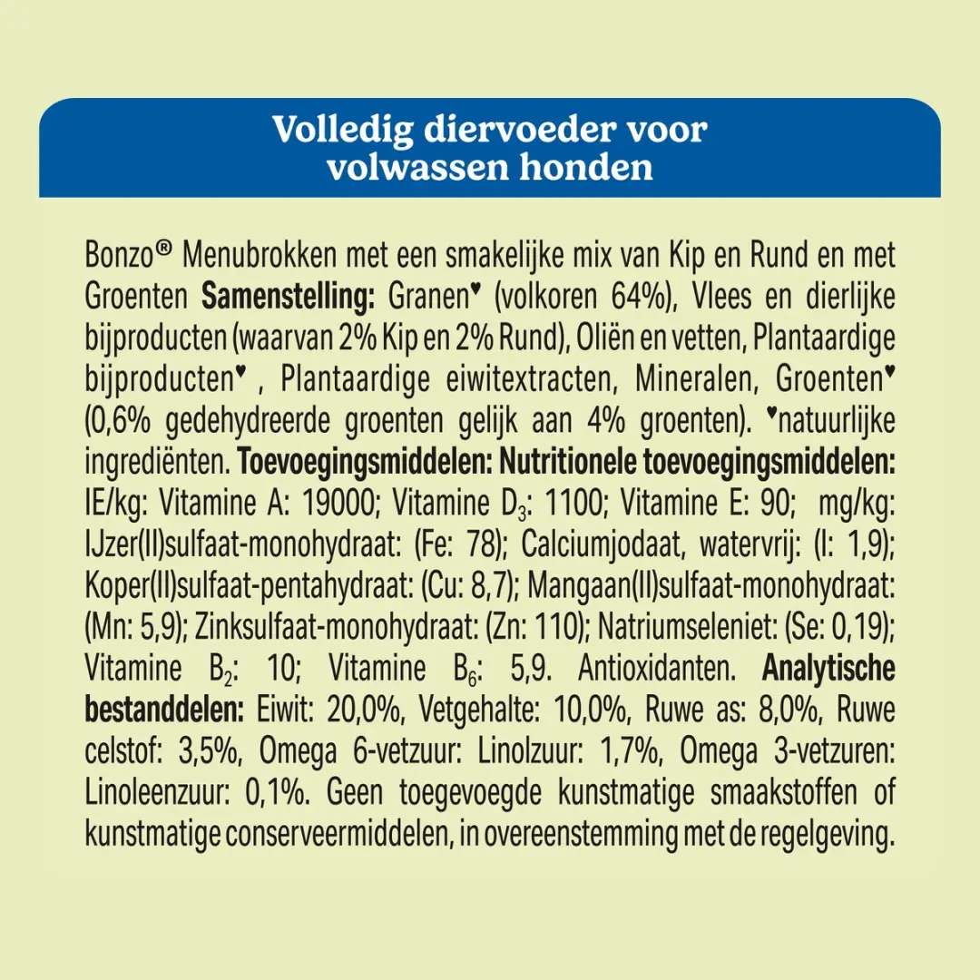 Bonzo Menubrokken Adult Droogvoer Kip & Groenten 15kg