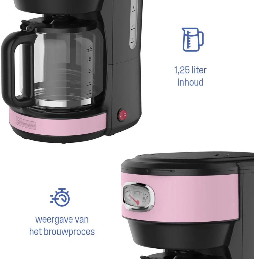 Westinghouse Retro Filterkoffiezetapparaat WKCMR621 Roze - 10 Koppen 1,25L