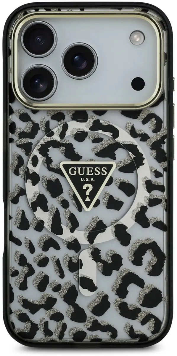 GUESS Back Cover Case iPhone 17 Pro Max - Zwart - Leopard Glitter