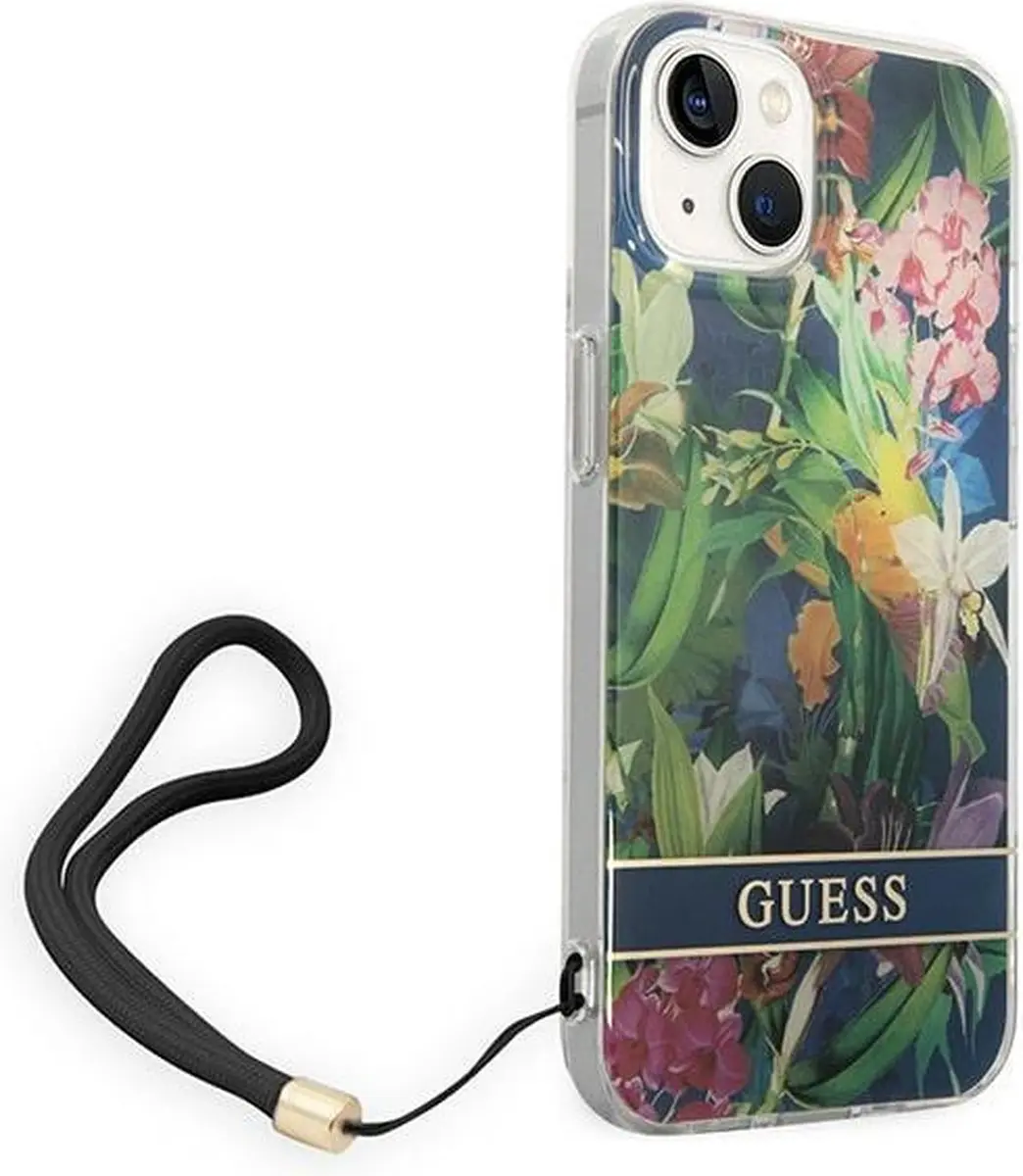 GUESS Flower Back Cover met Strap - iPhone 14 Plus - Blauw