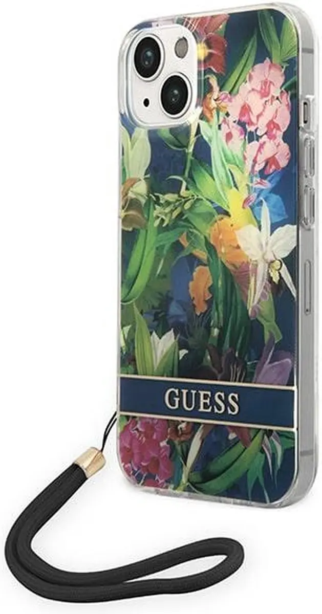 GUESS Flower Back Cover met Strap - iPhone 14 Plus - Blauw