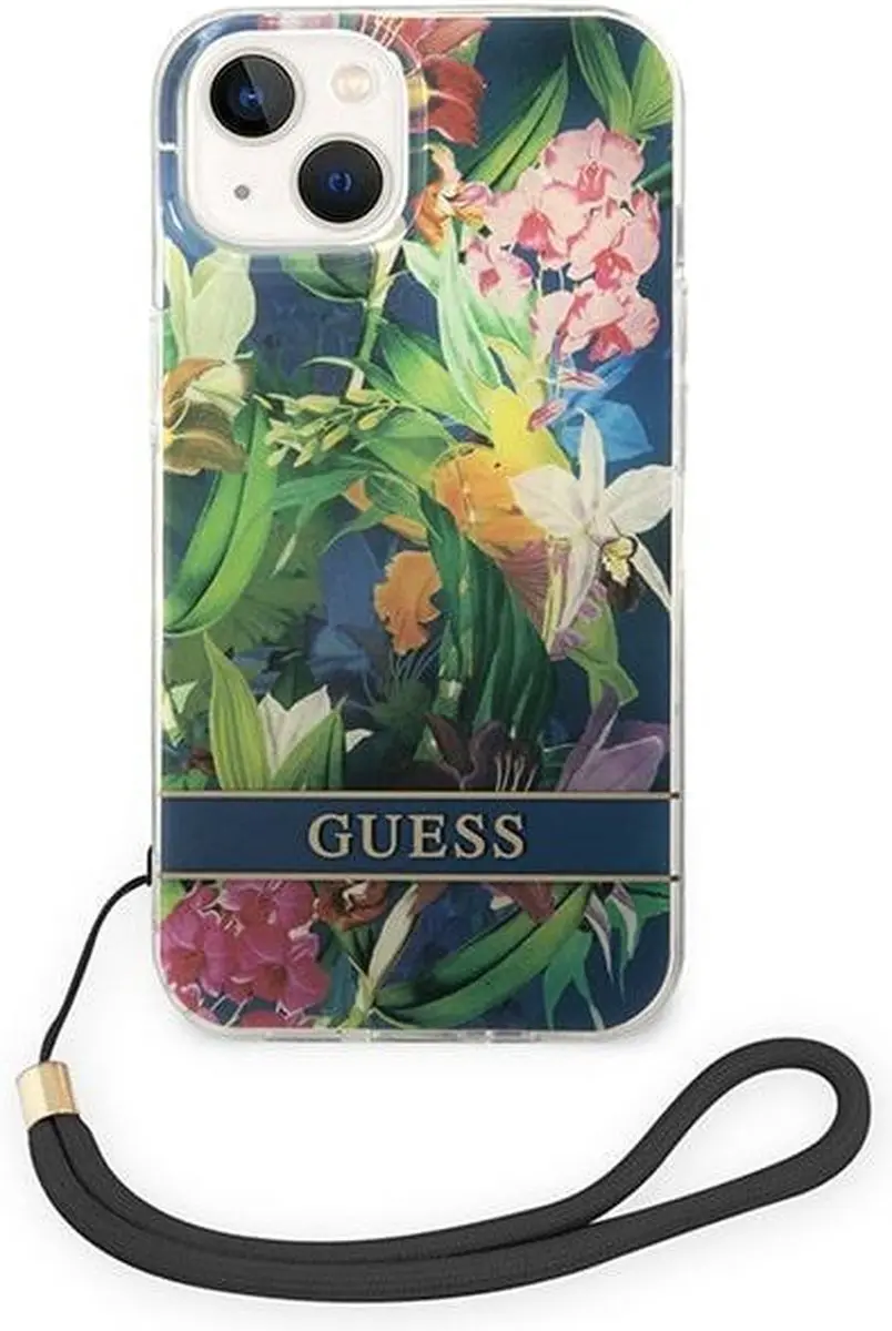 GUESS Flower Back Cover met Strap - iPhone 14 Plus - Blauw