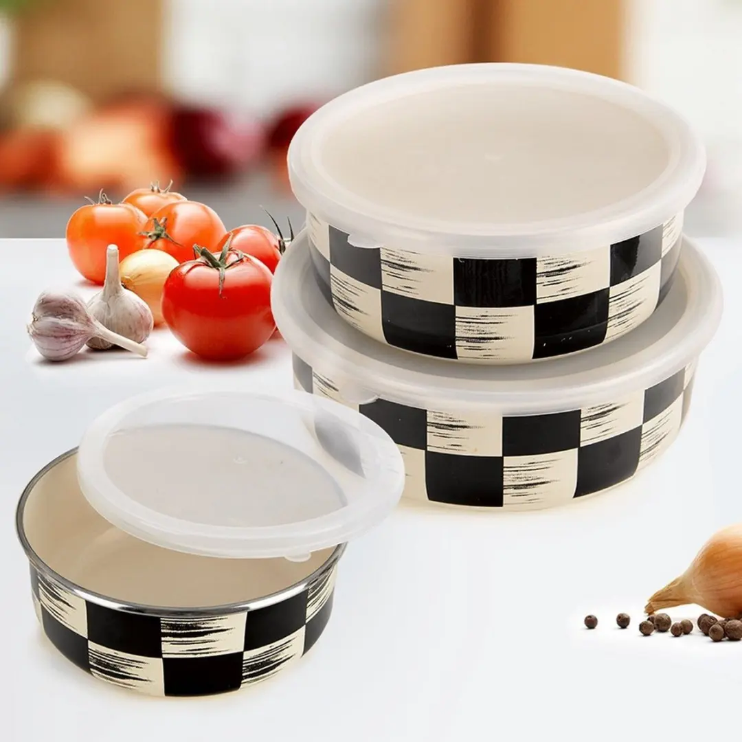 Orion Szachownica Emalië Kom met Deksel 800ml - Retro Zwart/Beige