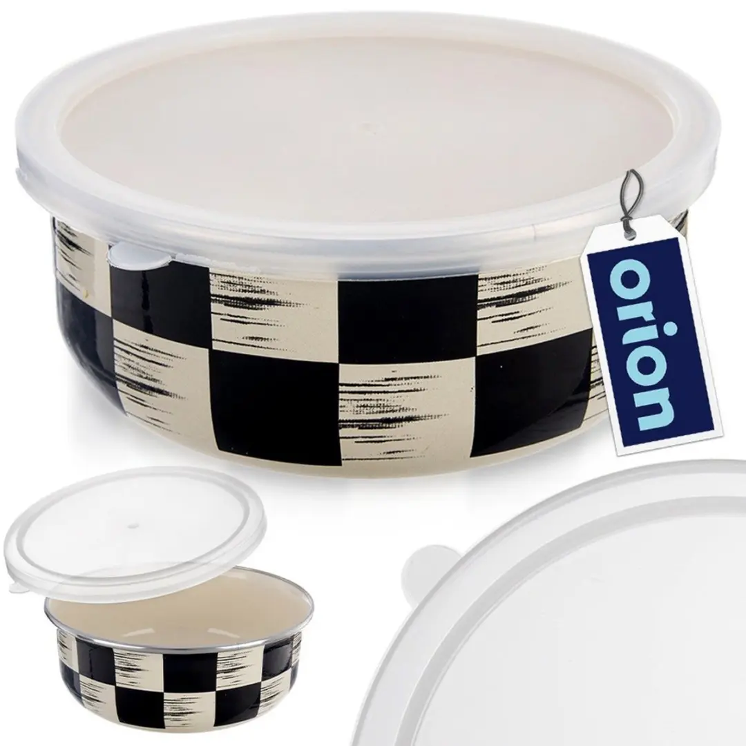 Orion Szachownica Emalië Kom met Deksel 800ml - Retro Zwart/Beige