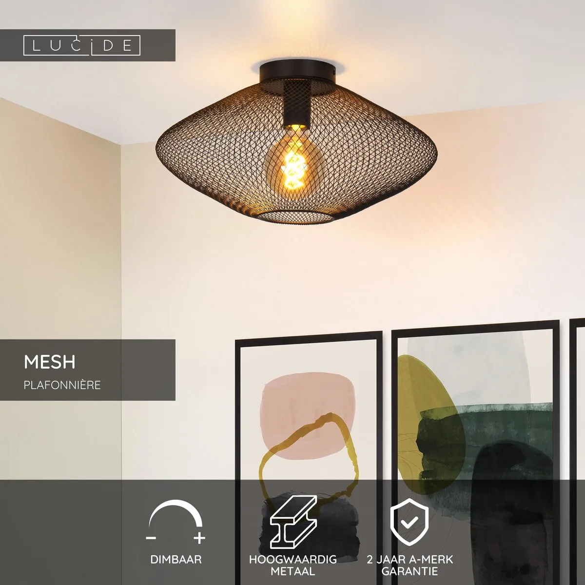 Lucide MESH Plafondlamp Ø45cm - 1xE27 - Zwart