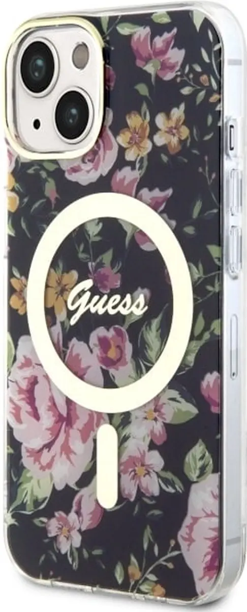 GUESS Flower Back Case - iPhone 14 Plus Zwart - MagSafe