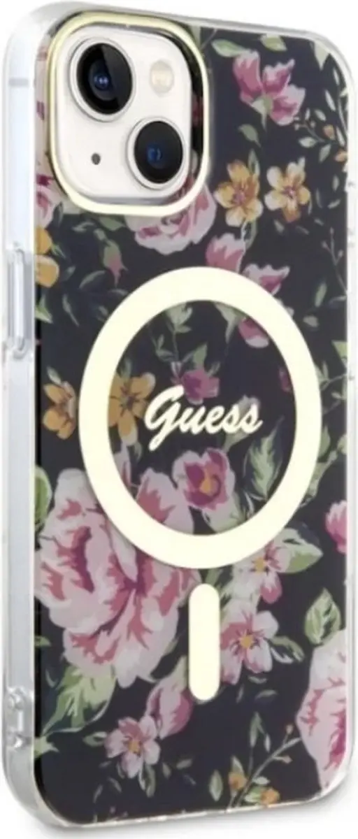 GUESS Flower Back Case - iPhone 14 Plus Zwart - MagSafe