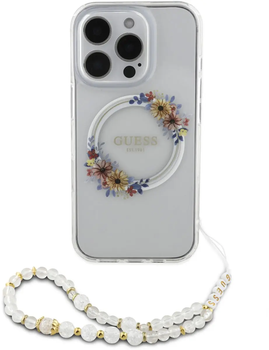 Guess iPhone 16 Pro Back Cover - Transparant - Magsafe & Flower Wreath