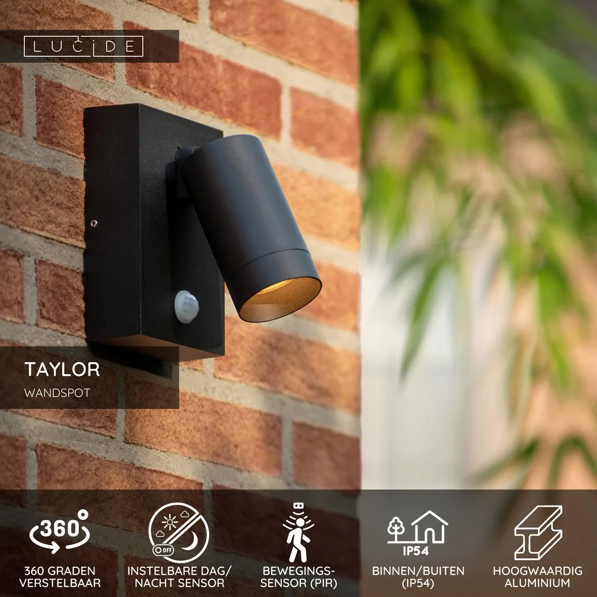 Lucide Taylor Wandspot GU10 - IP54 Bewegingssensor Zwart