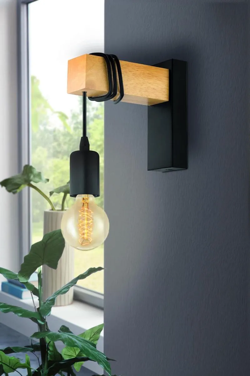 Eglo Townshend Wandlamp E27 - Hout Zwart/Bruin - afbeelding 6 van 6