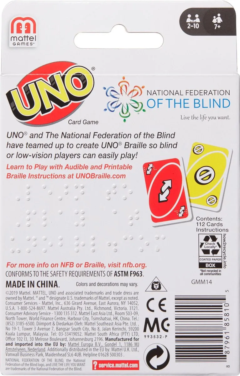 Mattel Games UNO Braille - 2-10 Spelers