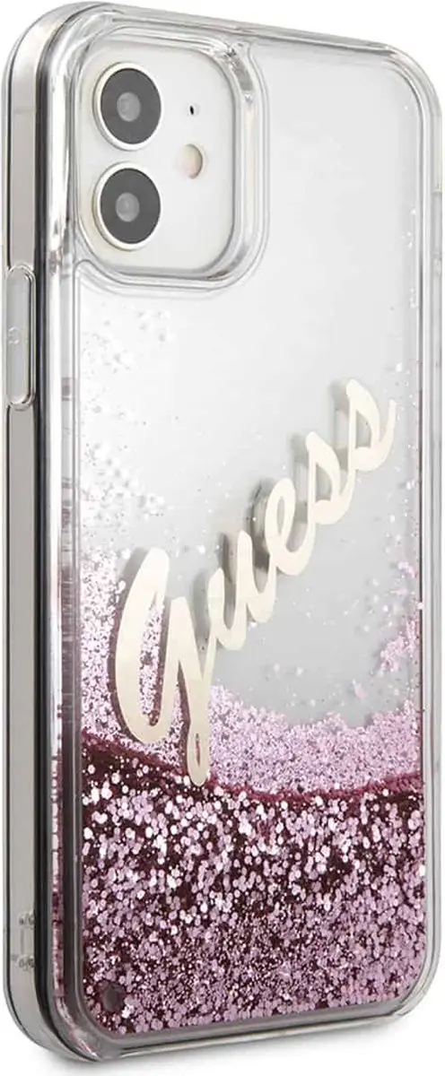 GUESS Liquid Glitter Vintage Hoesje iPhone 12 Mini - Roze