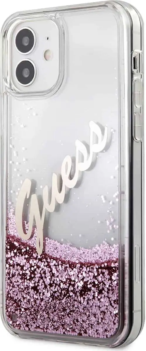 GUESS Liquid Glitter Vintage Hoesje iPhone 12 Mini - Roze