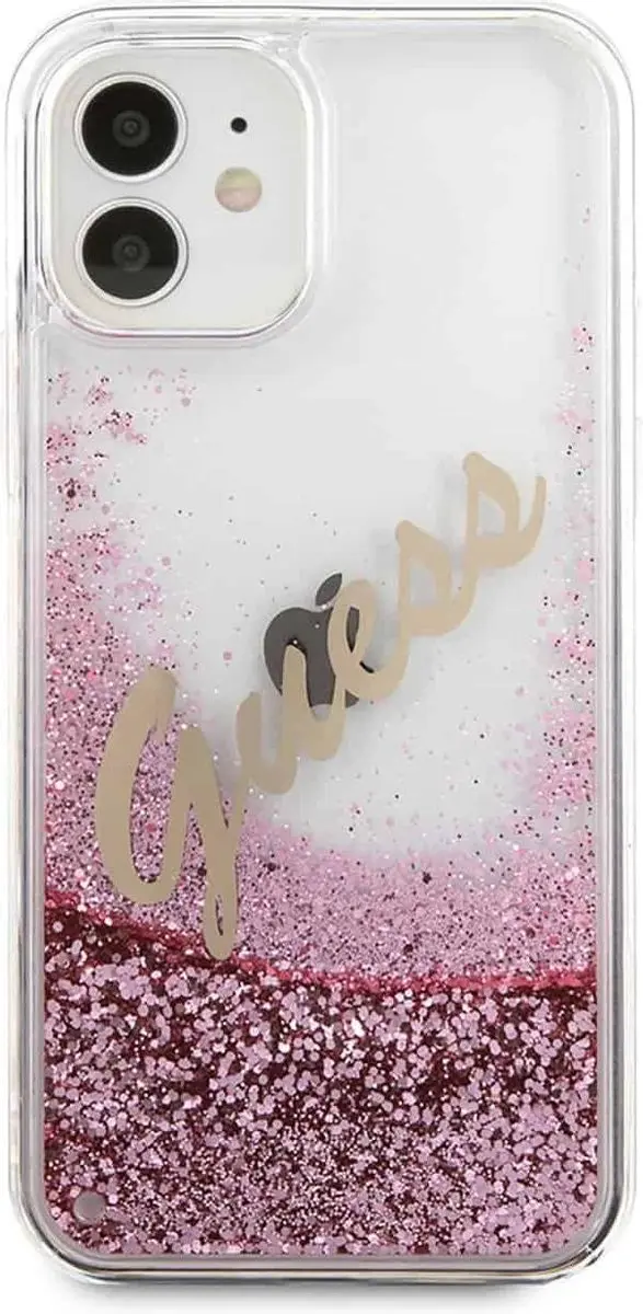 GUESS Liquid Glitter Vintage Hoesje iPhone 12 Mini - Roze