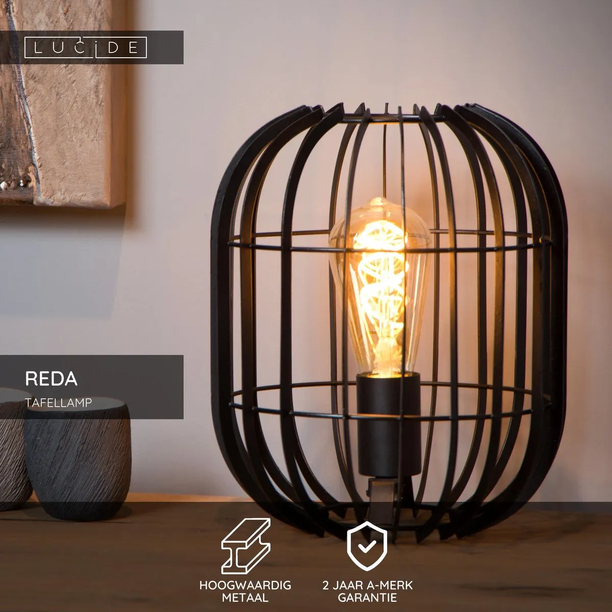 Lucide REDA Tafellamp Ø22cm - 1xE27 - Zwart