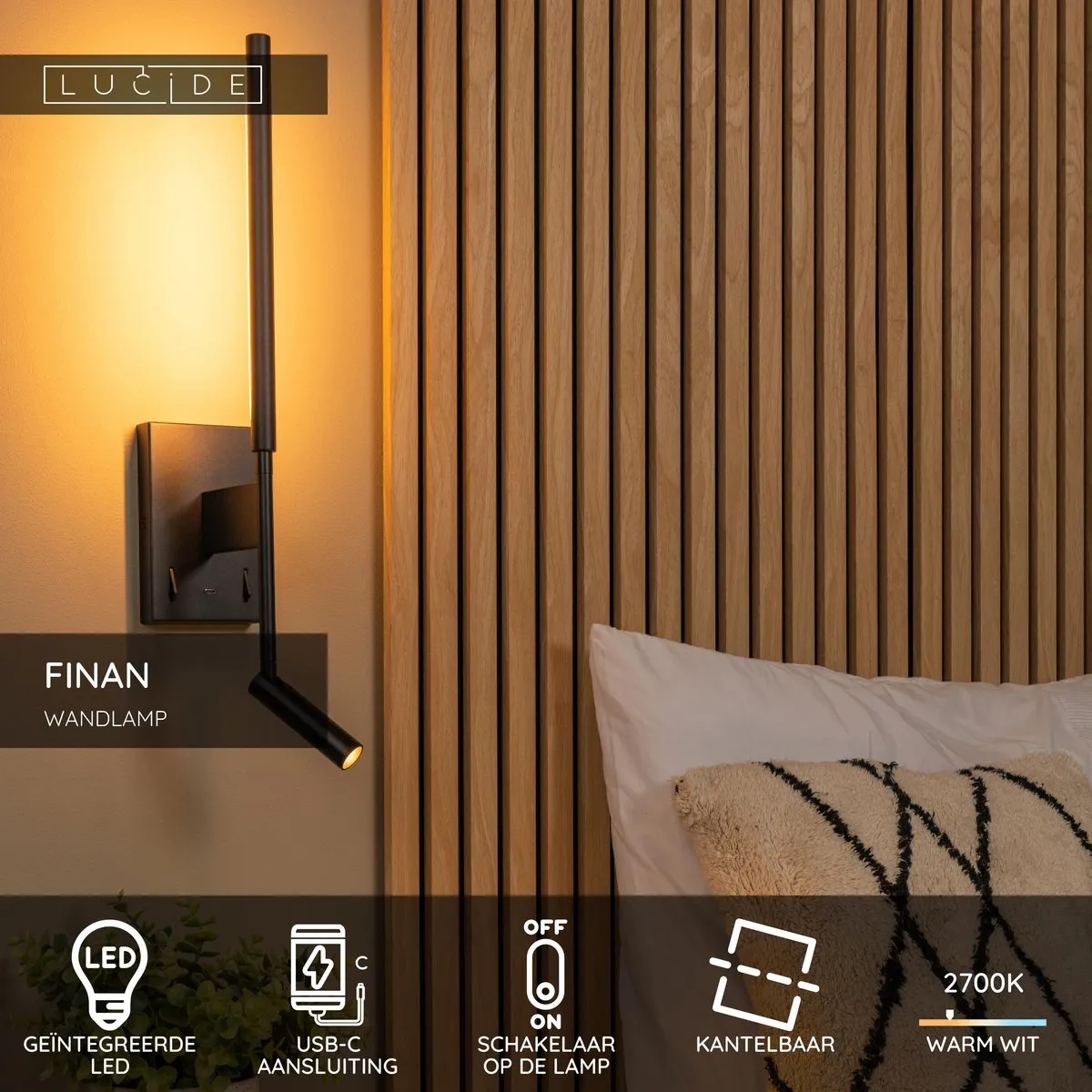 Lucide FINAN Wandlamp LED 6W 2700K - Zwart