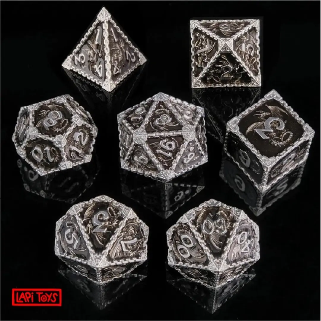 Lapi Toys DnD Polydice Metalen Dobbelstenen - 7 Stuks - Zwart/Zilver