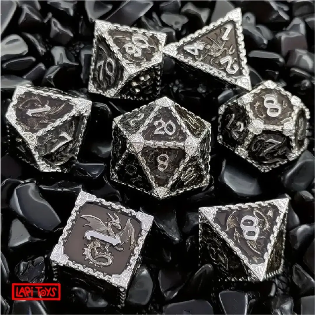 Lapi Toys DnD Polydice Metalen Dobbelstenen - 7 Stuks - Zwart/Zilver
