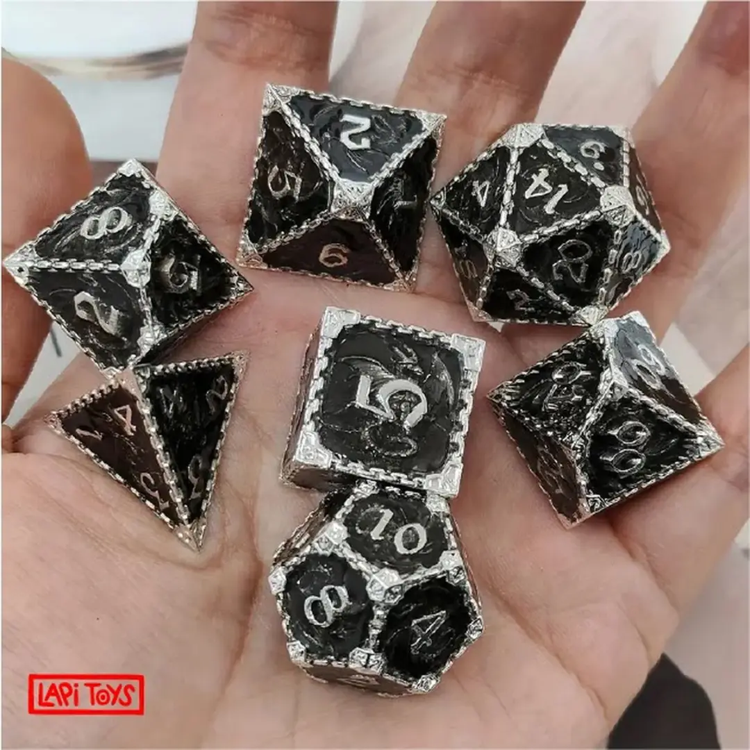 Lapi Toys DnD Polydice Metalen Dobbelstenen - 7 Stuks - Zwart/Zilver