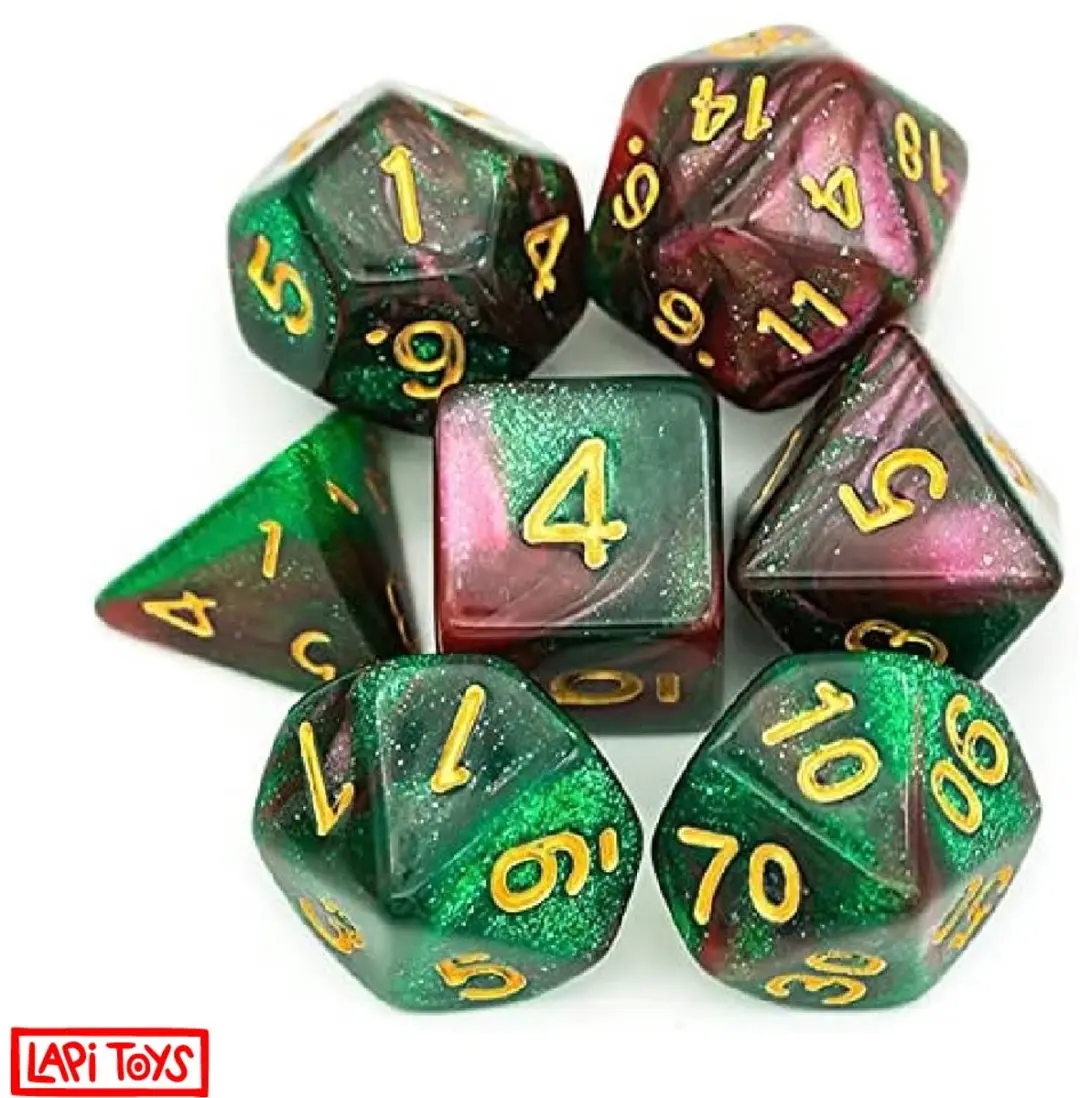 Lapi Toys DnD Polydice - 7-delig Groen/Roze - Acryl