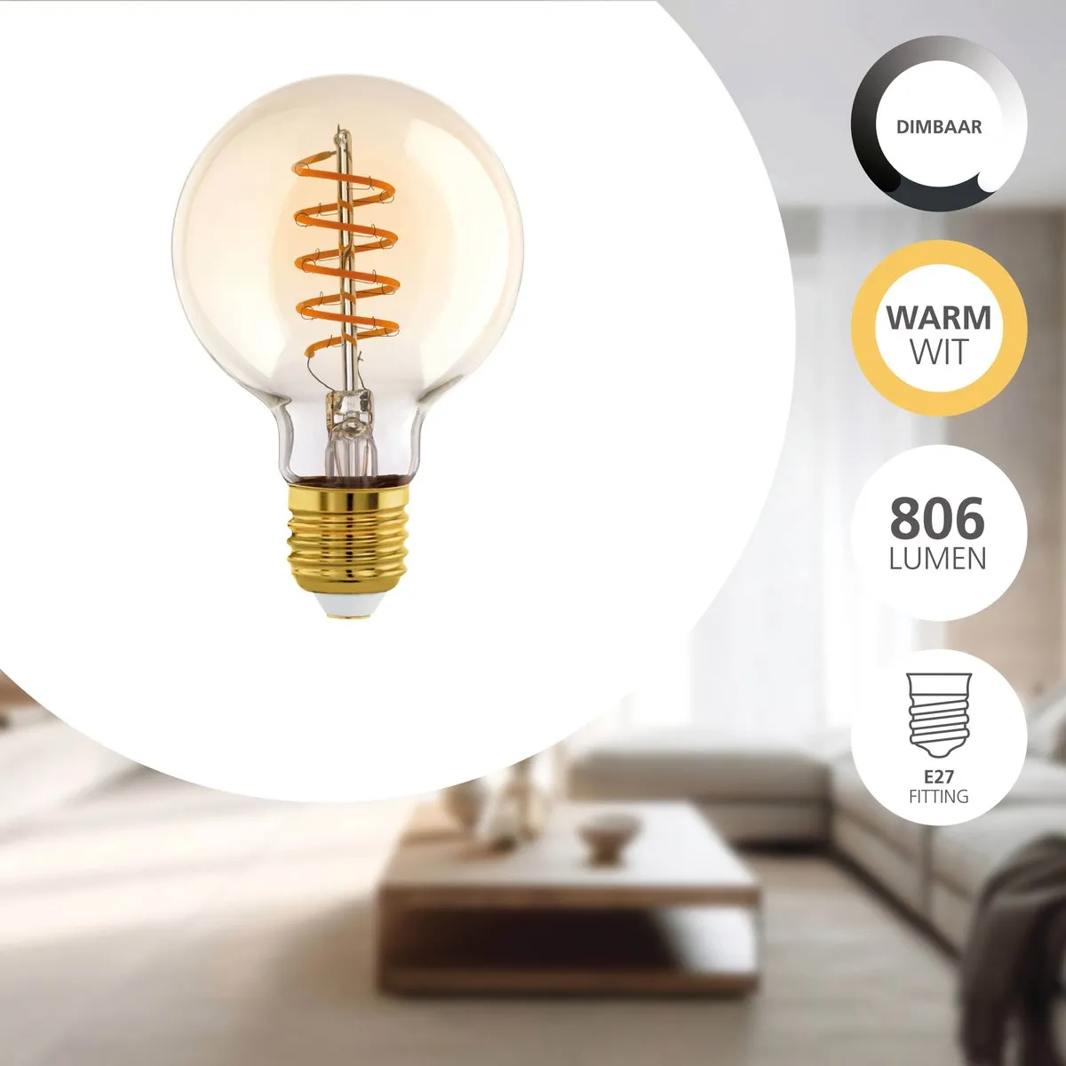Eglo LED Lamp E27 8W - 806 Lumen Warm Wit - Ø8cm Amber