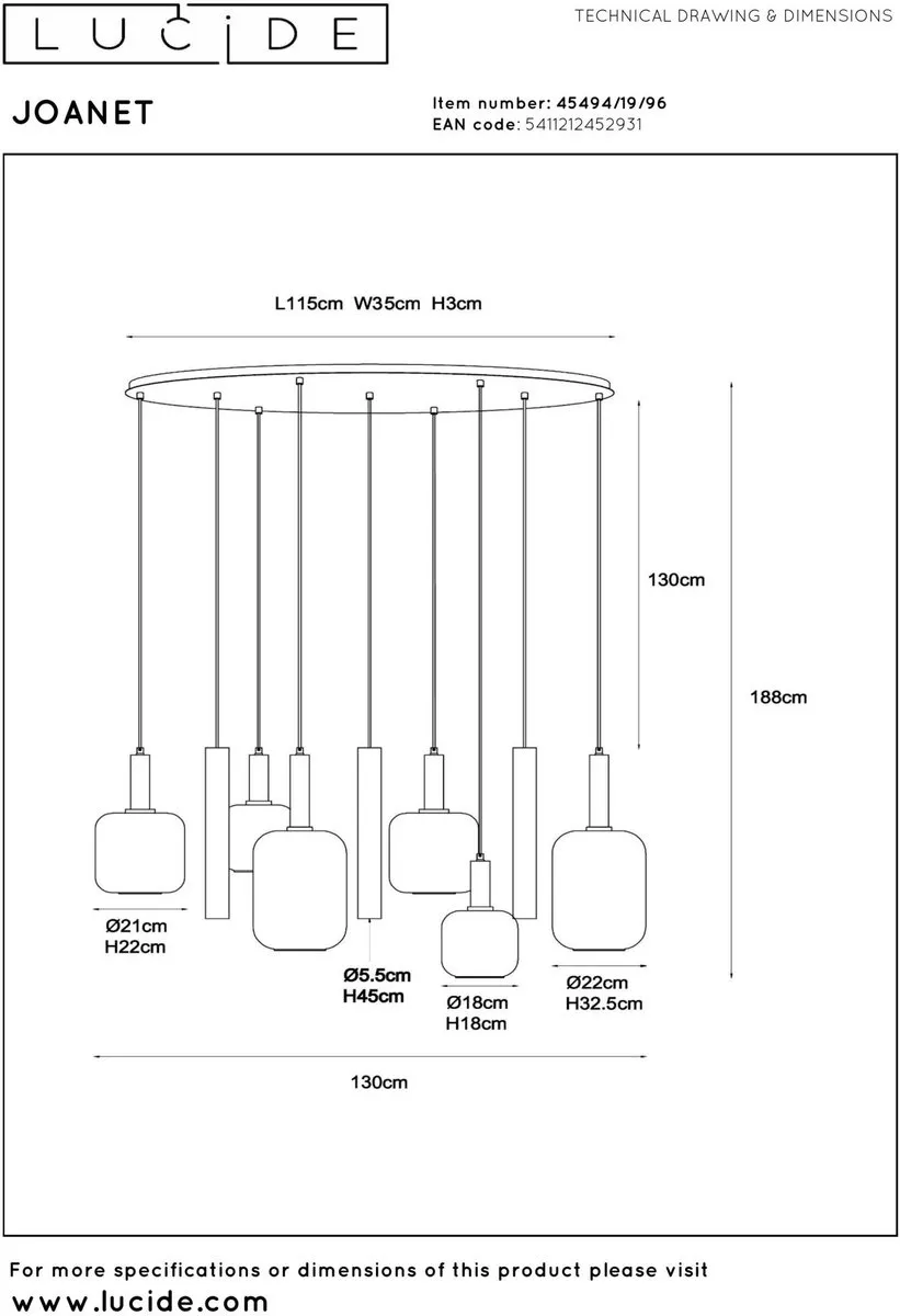 Lucide Joanet Hanglamp 6xE27 - Messing