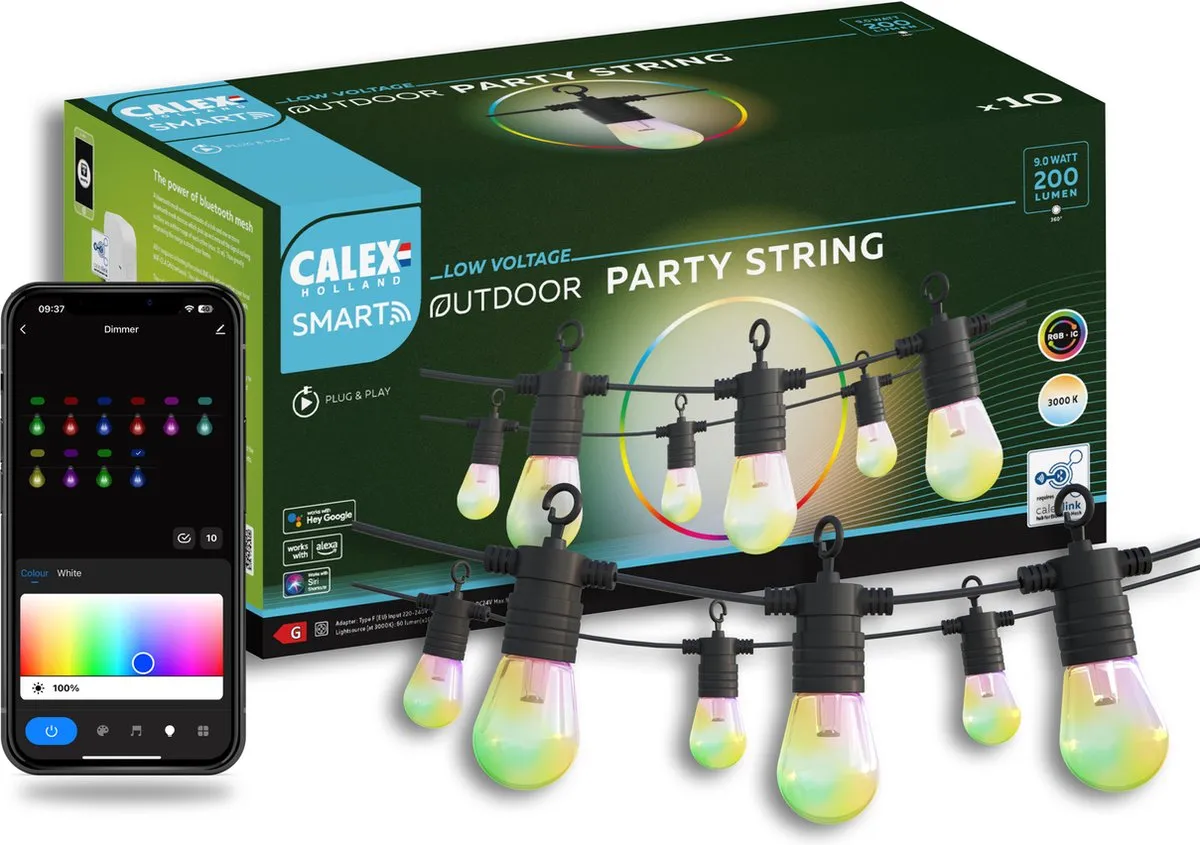 Calex Smart Outdoor Lichtsnoer 13m - 15 RGBIC Lampen - Zwart