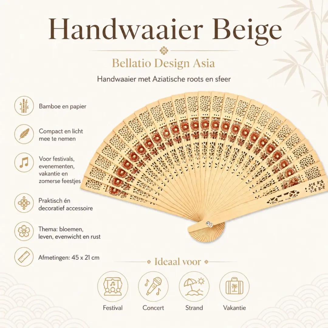 Bellatio Design Aziatische Handwaaier - 2 Stuks - Beige - 45x21cm