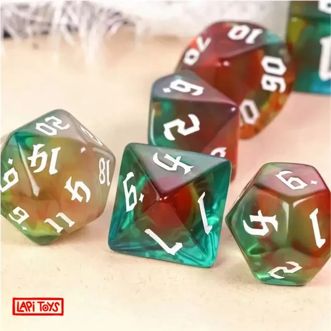 Lapi Toys DnD Dice Set Polydice - 7 Stuks Acryl - Groen/Rood/Blauw