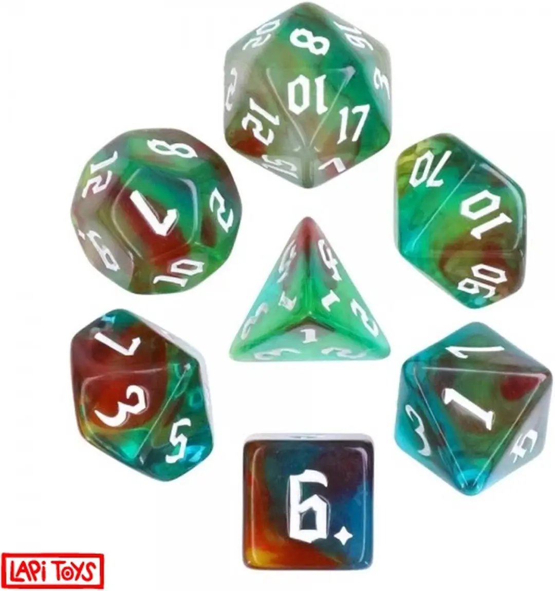 Lapi Toys DnD Dice Set Polydice - 7 Stuks Acryl - Groen/Rood/Blauw