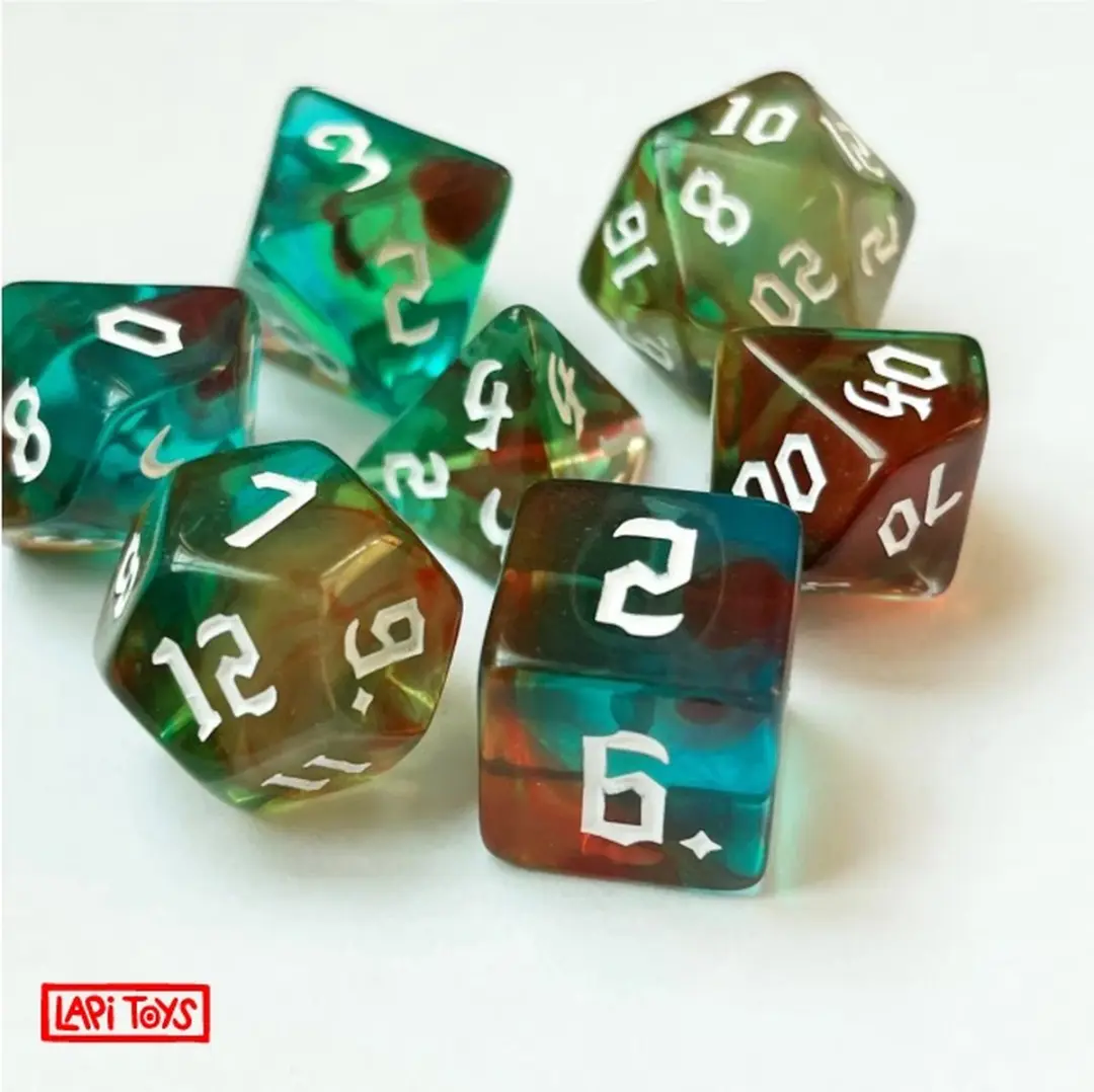 Lapi Toys DnD Dice Set Polydice - 7 Stuks Acryl - Groen/Rood/Blauw