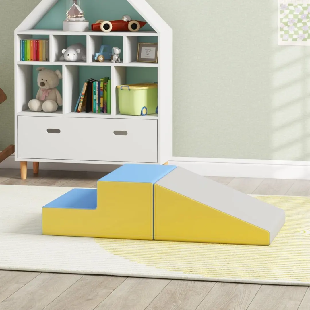 Homcom Kids Soft Play Set 50x50x25cm - 2 Stuks Schuimblokken - Grijs/Geel/Lichtblauw - afbeelding 6 van 6