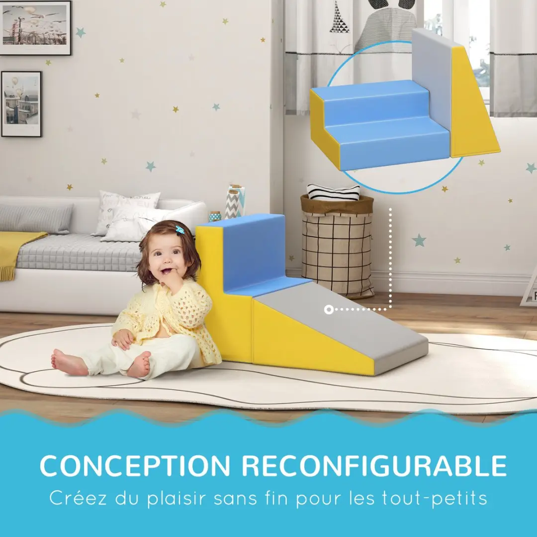 Homcom Kids Soft Play Set 50x50x25cm - 2 Stuks Schuimblokken - Grijs/Geel/Lichtblauw