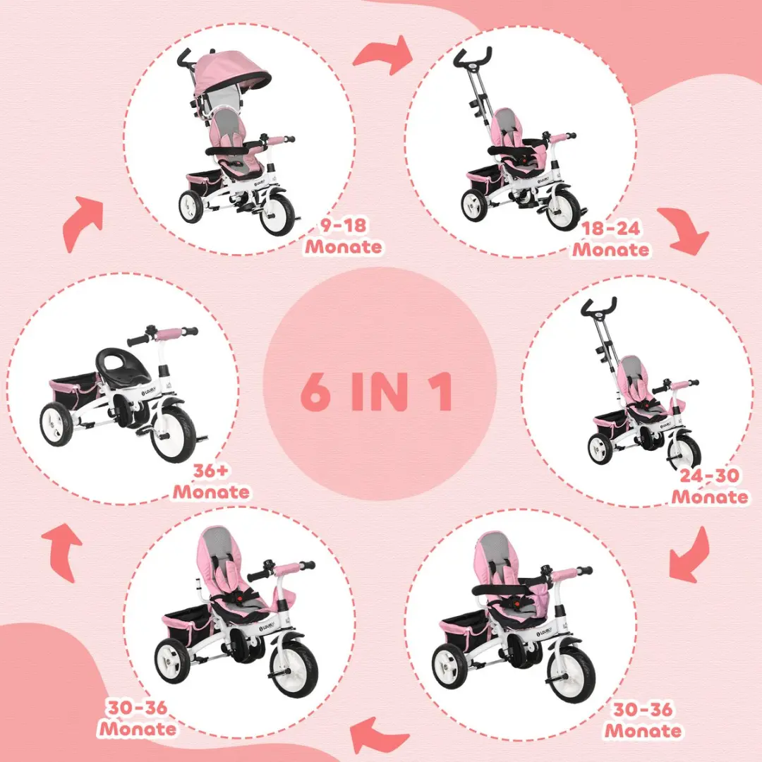 Homcom Kids Tricycle Metaal - Roze - afbeelding 6 van 6