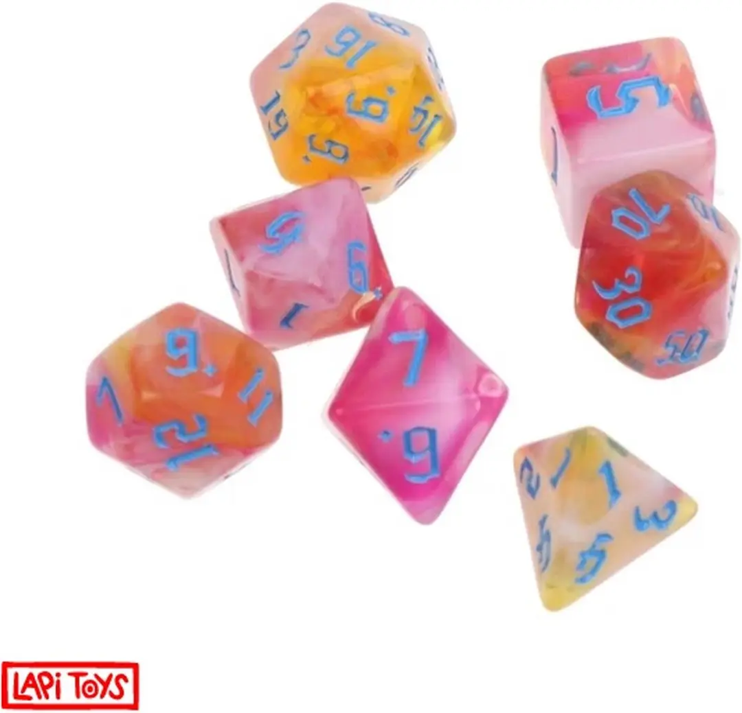 Lapi Toys DnD Dice Set - 7 Stuks Acryl - Roze/Wit/Oranje