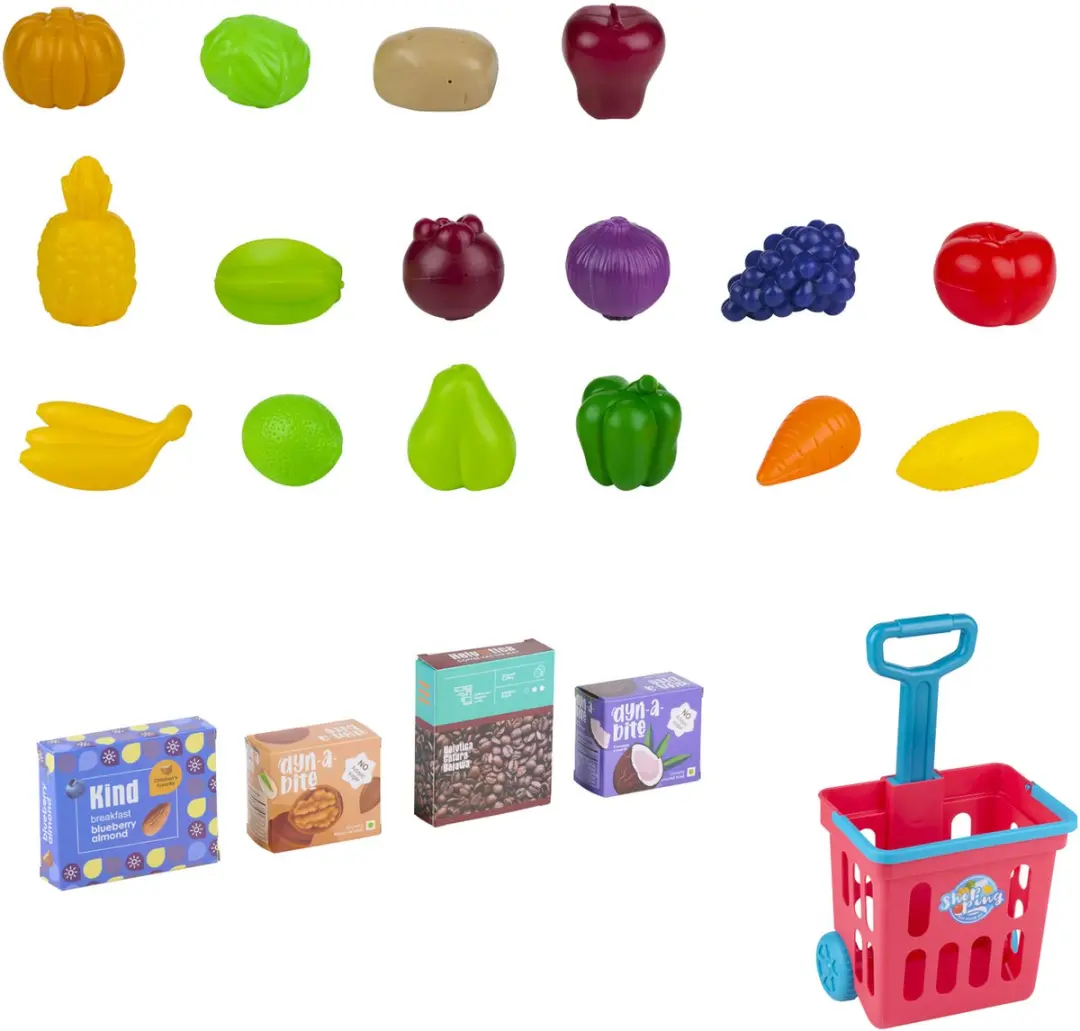 Eddy Toys Winkelwagentje Speelgoed Voedselplayset 21 Stuks - Rood