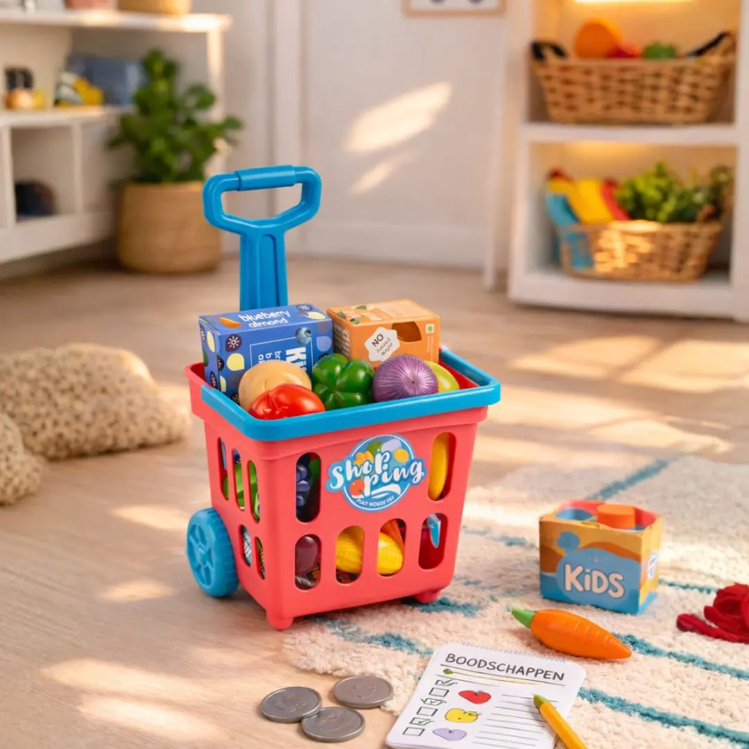 Eddy Toys Winkelwagentje Speelgoed Voedselplayset 21 Stuks - Rood